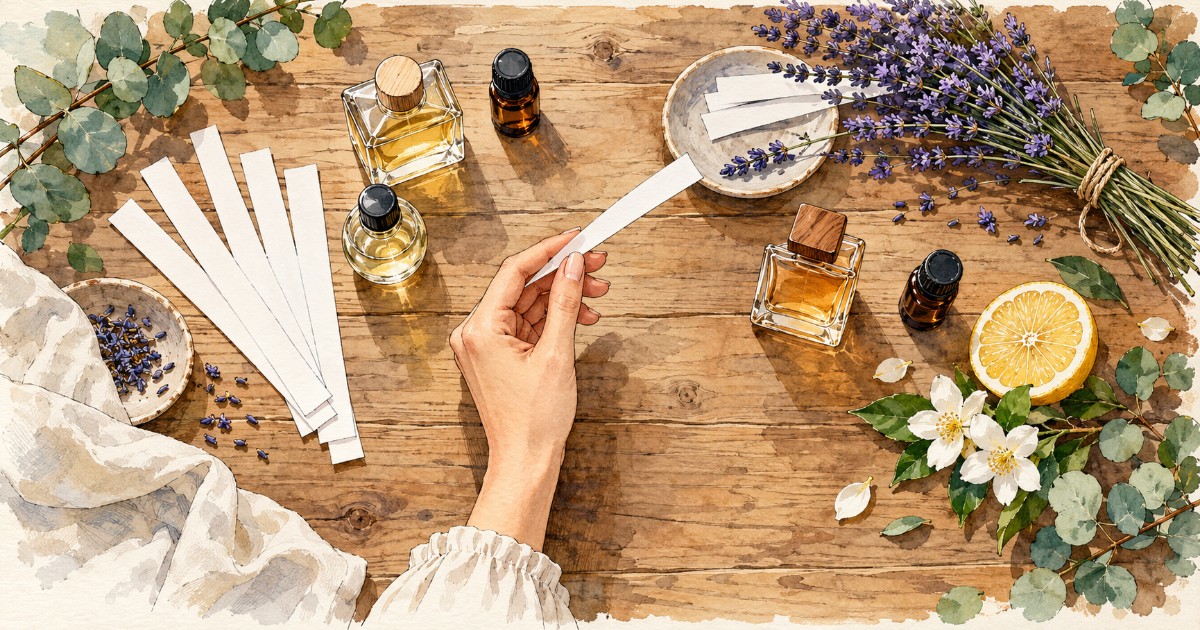 Dřevěný stolek s papírovými proužky na testování vůní a levandulí